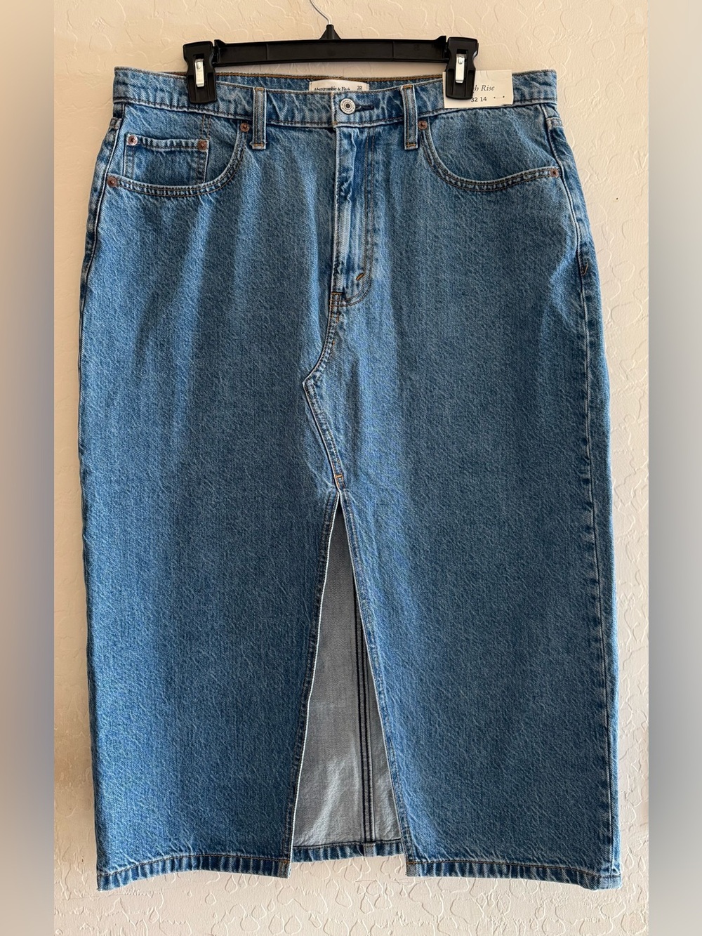 Abercrombie & Fitch, size 32/ 14, high-rise denim midi skirt